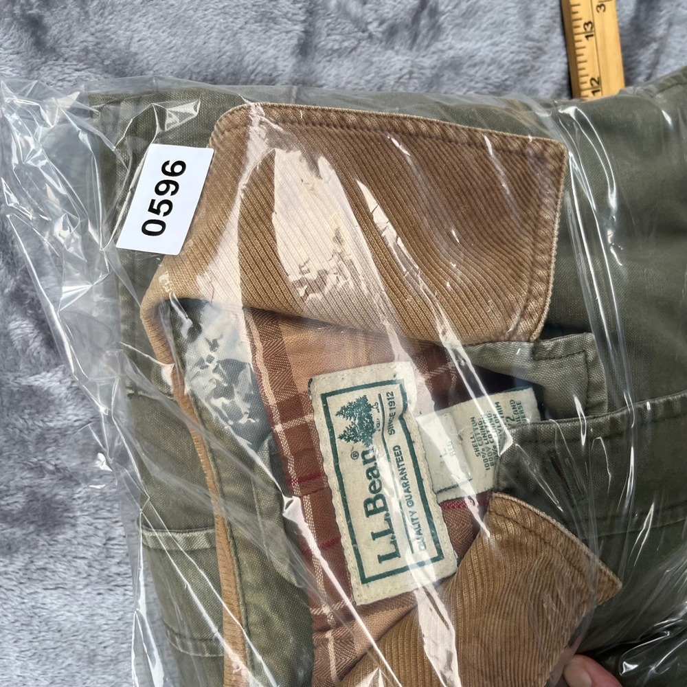 LL Bean Womens Field Coat Barn Jacket Olive Green Corduroy Trim Plaid Lined L - Picture 10 of 10